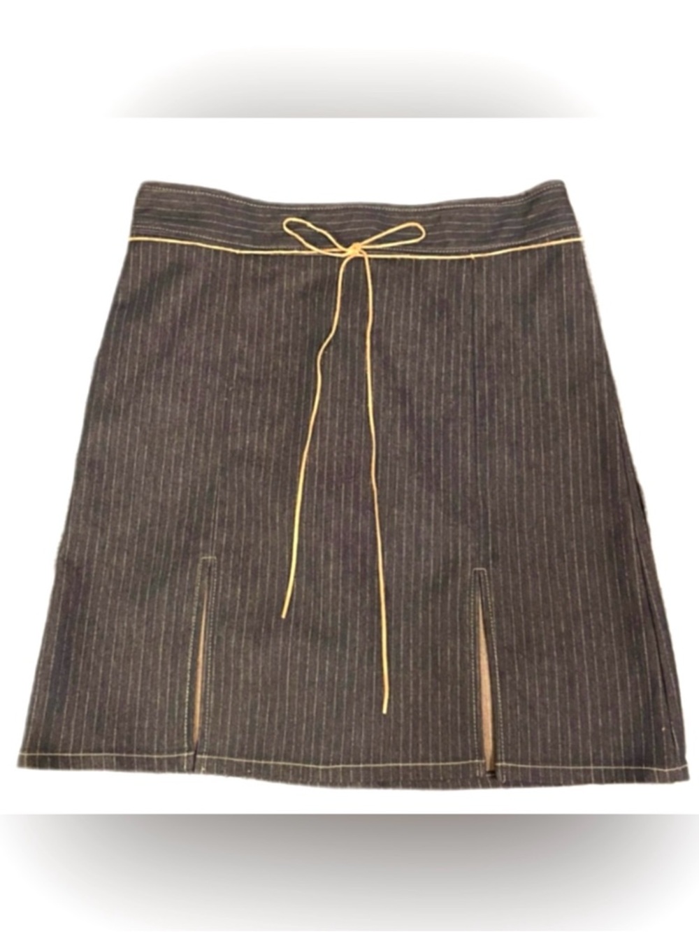 Vintage To The Max Pinstripe Dark Denim Skirt Camel Tie Belt Front Slits Y2K EUC - Picture 2 of 6